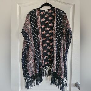 Abercrombie Boho Fringe Kimono Shawl Cover Up Cardigan Wrap Womens XS/S Black